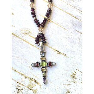 Sterling Silver Multi Gemstone Pearl Cross Garnet Beaded Necklace Artisan Signe